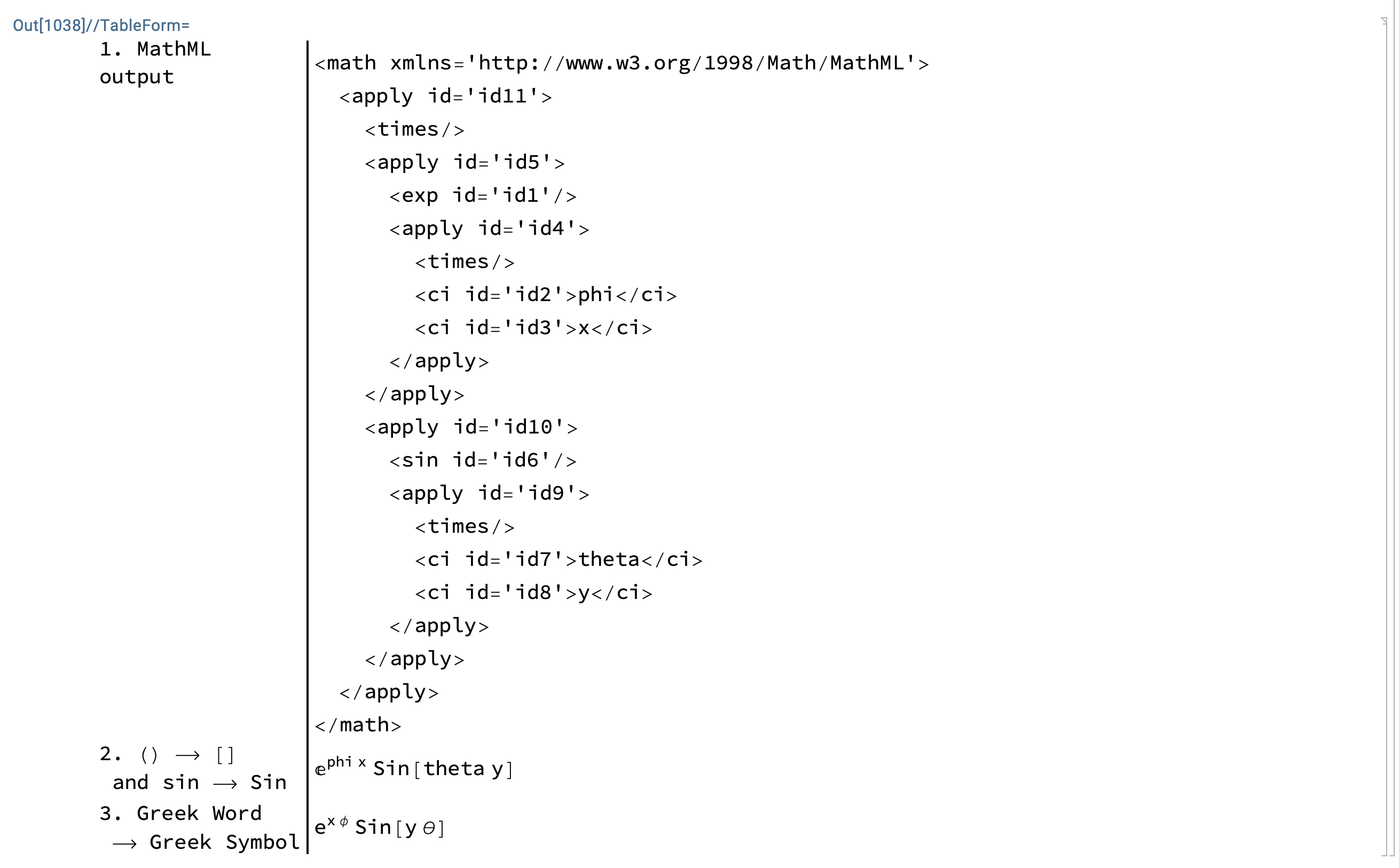 The Conversion of Maple Expressions Output to Mathematica Input Works in Three Steps 1. Import the Maple Output as a MathML Text File 2. Convert parens () to square brackets [] and lower case to upper case function names 3. Replace Greek Words with Greek Symbols