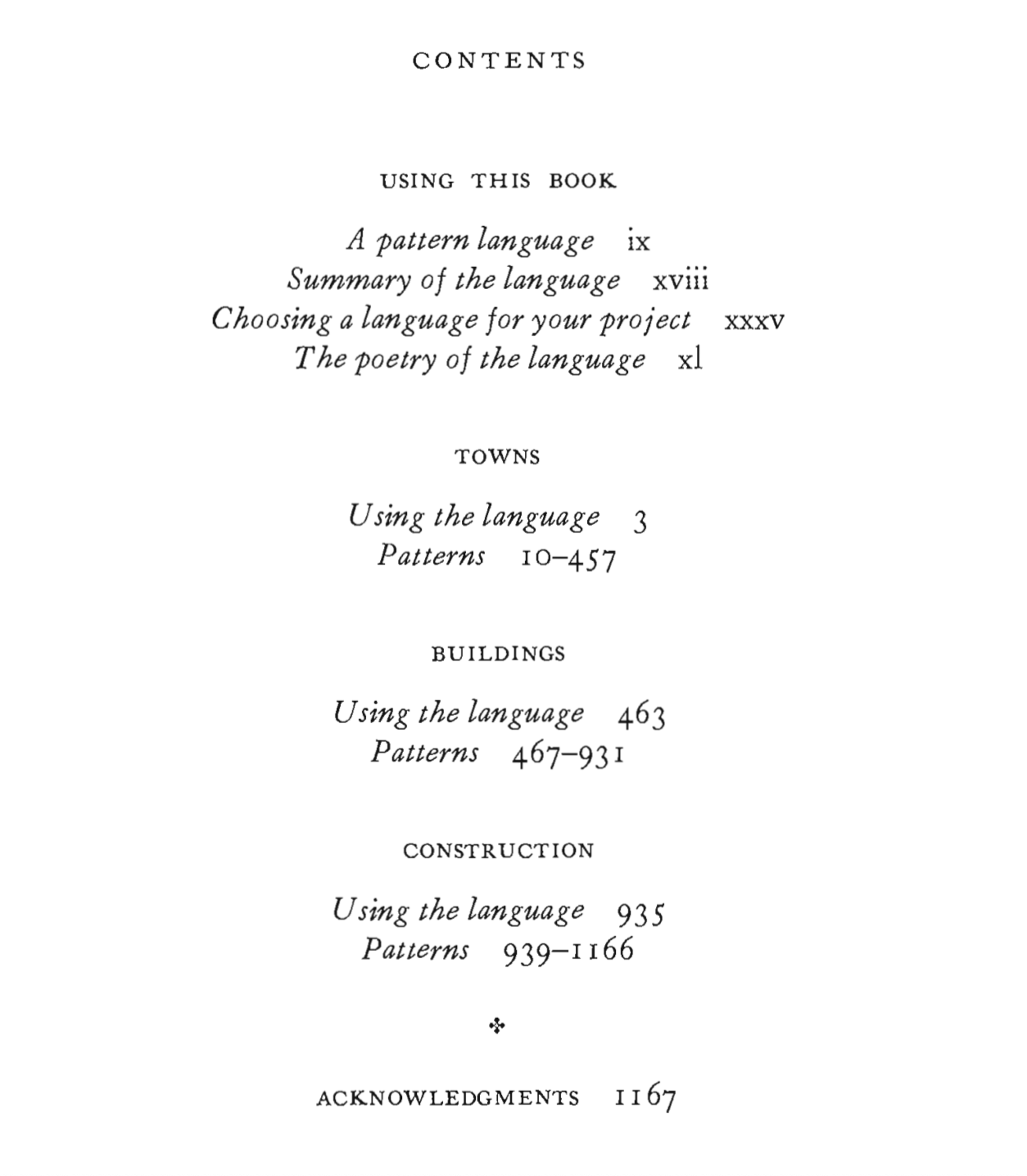 A Pattern Language Samples. (top/left) Title Page (middle 1) Contents (middle 2) Pattern 16: Web of Public Transportation is “Fed” by Prior Pattern 3: City Country Fingers and Pattern 11: Local Transport Areas (bottom/right) To “Delve Deeper” Into Achieving Pattern 16 Then See Pattern 20: Minibuses and Pattern 34: Interchanges