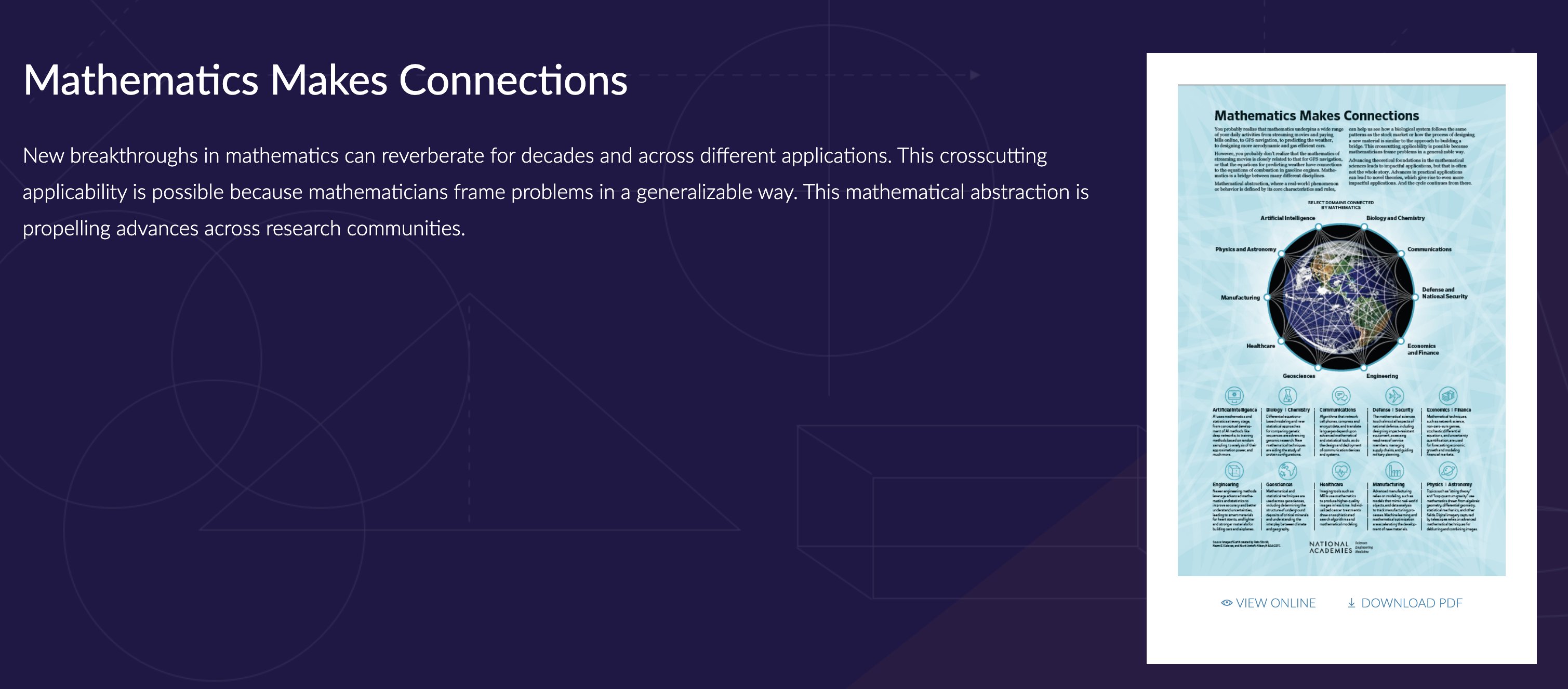 The National Academies have recently produced a series of narratives and infographics which illustrate how Mathematics Makes Connections. (screenshot from https://nap.nationalacademies.org/resource/other/deps/illustrating-math/interactive)