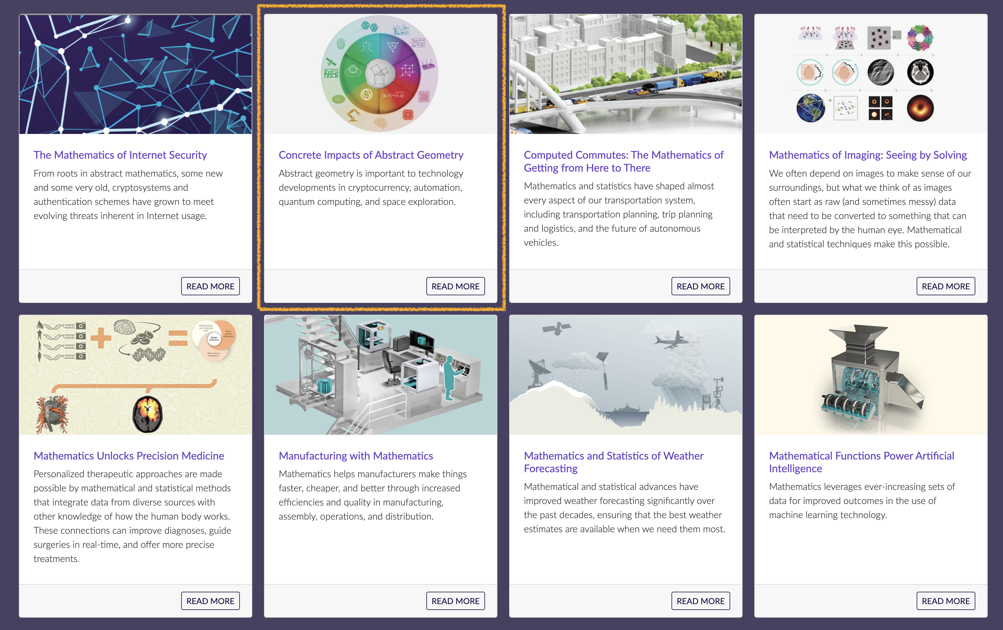 The National Academies have recently produced a series of infographics which introduce a variety of mathematical topics (like Concrete Impacts of Abstract Geometry) through the lens of a Scientific Breakthrough Narrative. (screenshot from https://nap.nationalacademies.org/resource/other/deps/illustrating-math/interactive)
