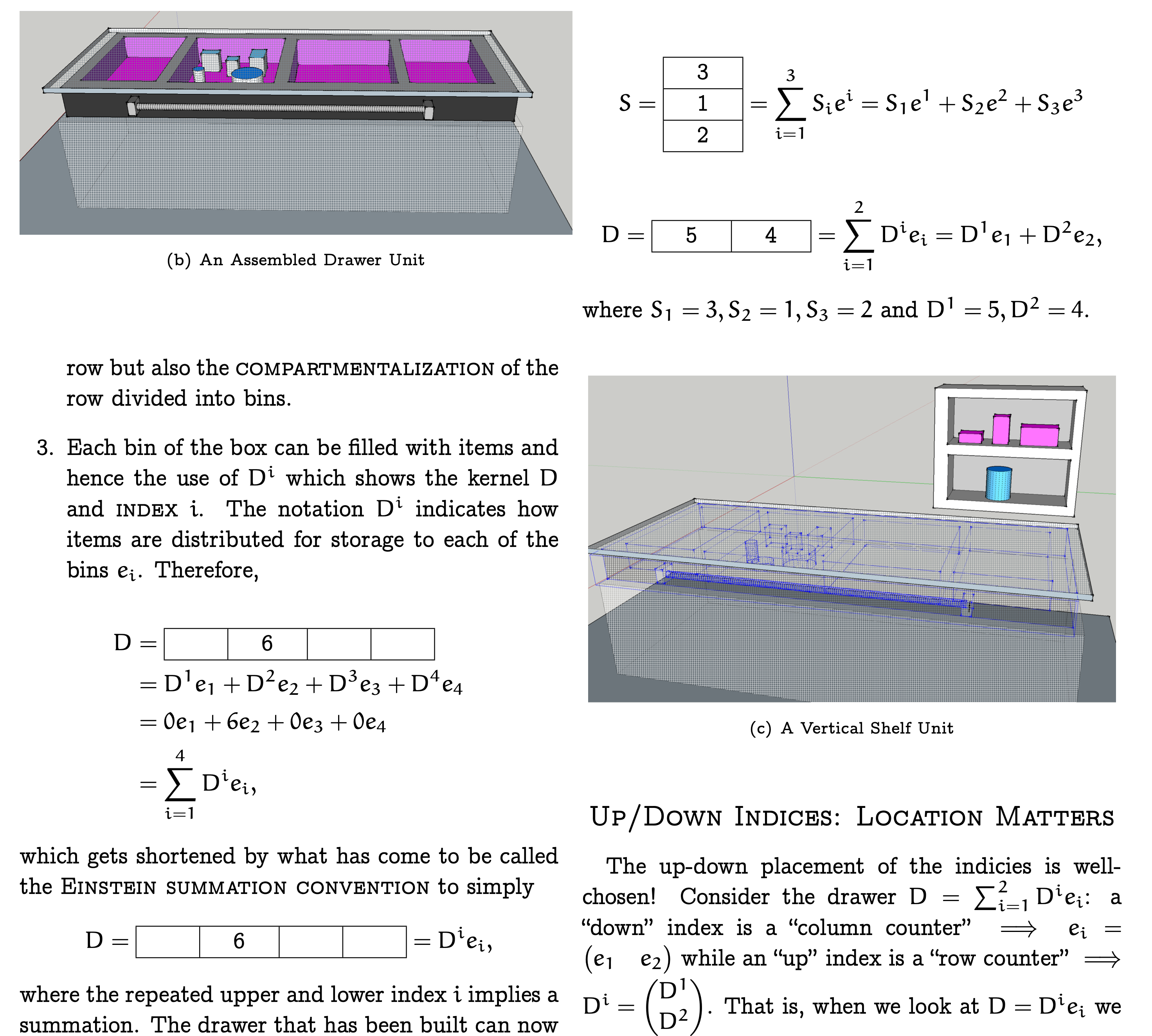 Kernel-Index Notation for Vectors and Matrices. Index notation and the Einstein summation convention bring together components \(D^{i},S_{j},M^{i}_{j}\) (objects to be stored) with their bases \(e_{i},e^{j}, e^{j} \otimes e_{i}\) (storage space)